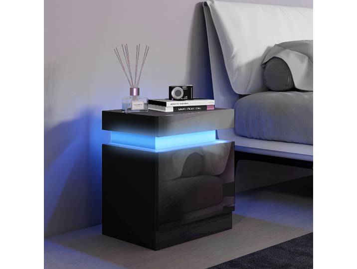 HOMCOM Table de Nuit LED RVB 2 Tiroirs Noir Haute Brillance