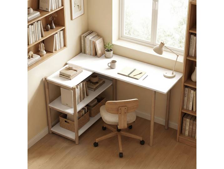 HOMCOM Bureau Pliable Moderne Bambou Blanc Chêne avec Étagères