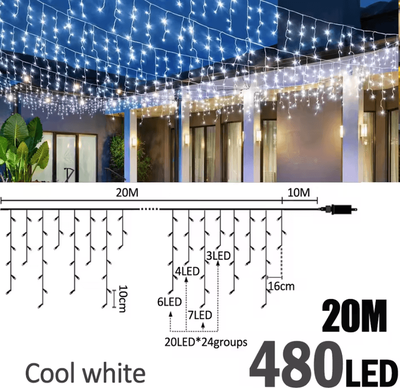 Inspire Curations 20M 480 LED Waterproof Icicle Curtain Lights btd 20m480b cw uk Plug