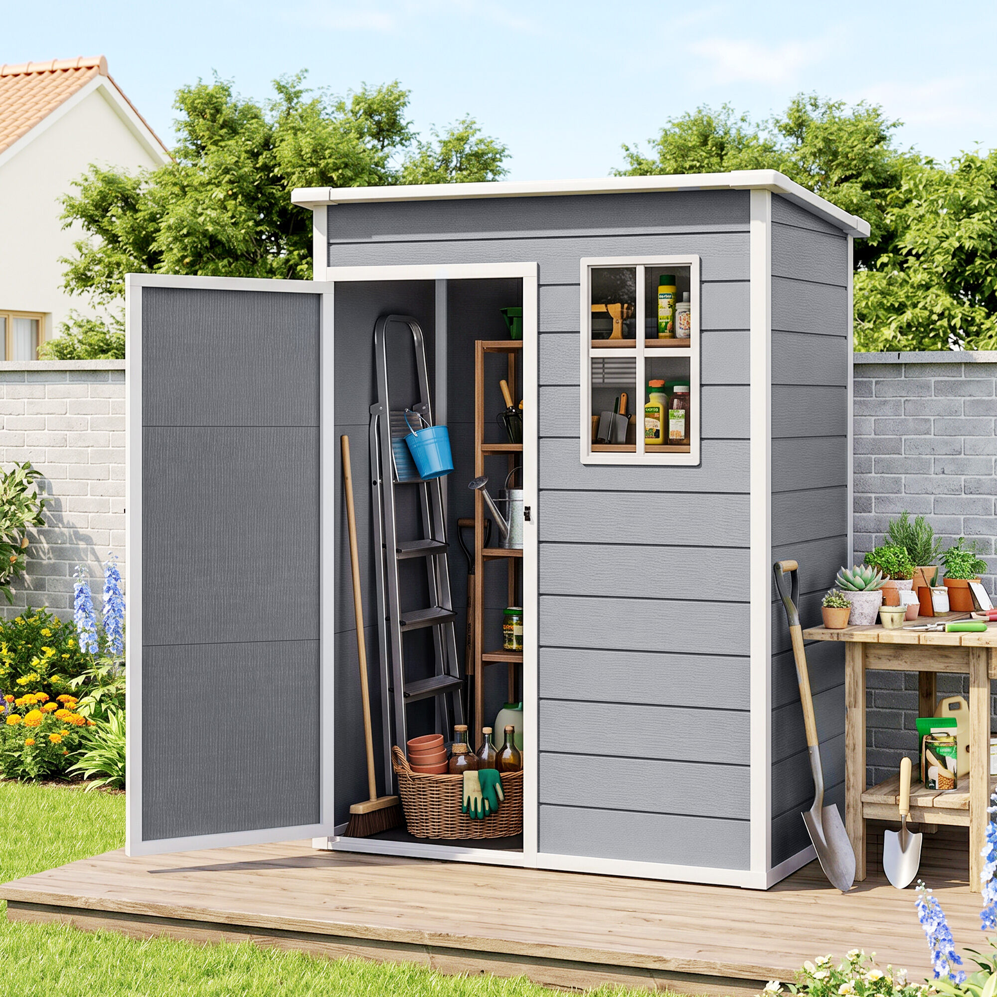 Altro Casetta Da Giardino Porta Attrezzi Con Porta Bloccabile, Finestra E Presa D'aria, Grigio