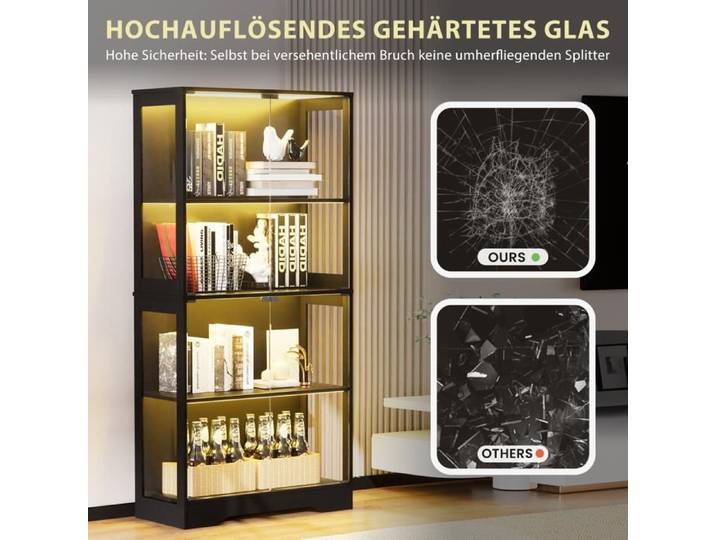 Vitrine en Verre avec Led-DADEA-Meuble Vitrine en Verre avec Capteurs intelligents Armoire Vitrine Salon 4 éTages 4 Portes noir