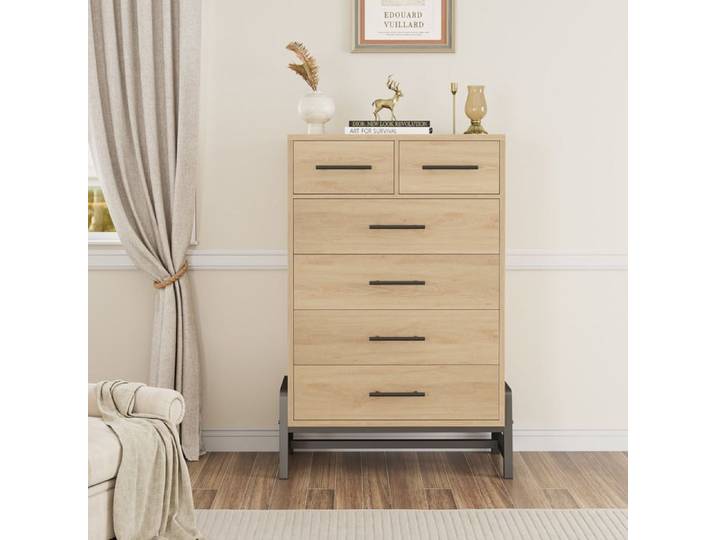 Commode 6 tiroirs Meuble de Rangement compact pieds rangement vêtements chambre salon chêne Naturel