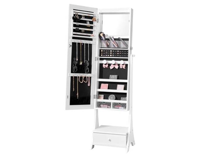 VEVOR Armoire à Bijoux avec Miroir Pleine Longueur\, Organisateur de Bijoux sur Pied avec Rangement\, Meuble de Rangement pour Bijoux Verrouillable\, Doublure en Velours\, LED Intérieur\, Tiroir\, bLANC