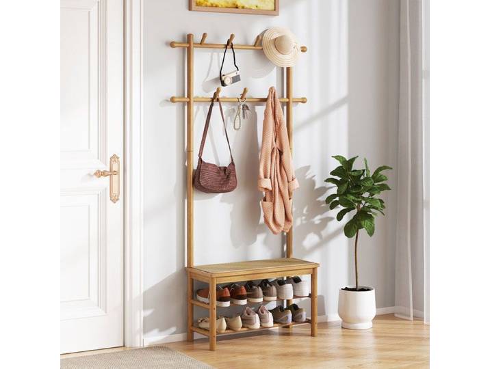Porte-manteau entrée 3-en-1 banc range-chaussures bambou rotin PE 11 crochets 2 étagères vestiaire meuble d'entrée