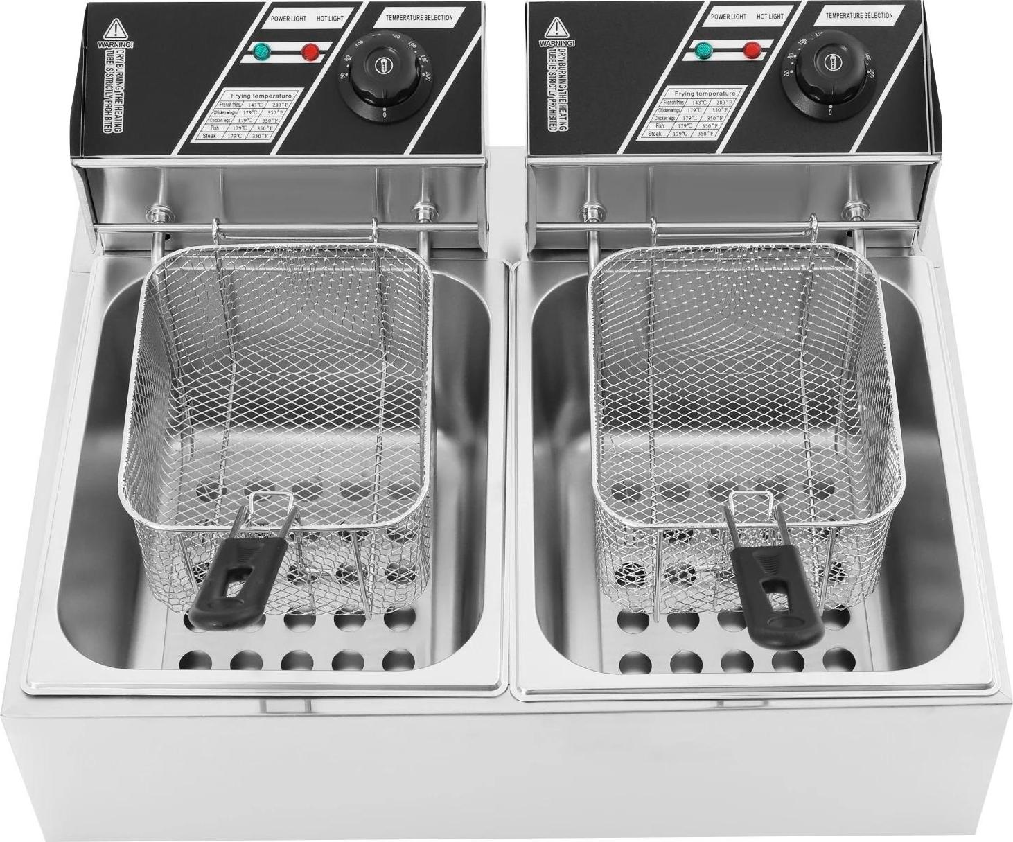 Gewerbliche elektrische Fritteuse - Doppelkorb 2x6L Tischgerät - 12L Ölvolumen - 5 kW Leistung - 220 V EU-Stecker - Edelstahl 201 - PTFE Antihaftbeschichtung - Hellgrau