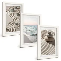 BILDER SET 3er Set - 20x30 cm Weißer Rahmen - Wellen, Sand, Wasser, Steine, Strand