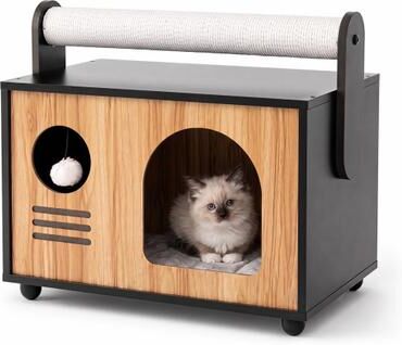 Costway Wooden Cat House with Scratching Post-Black