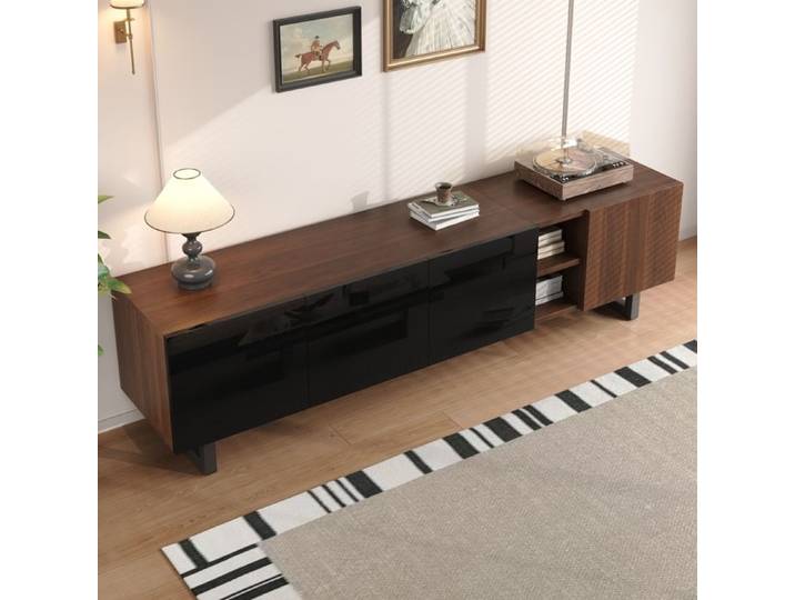Meuble TV Bas - Noir et Bois Vintage - 4 Portes - Buffet Télévision - 180 x 38 x 50 cm