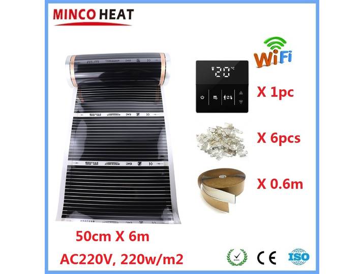 MINCO HEAT 50cmX6m 3m2 Film chauffant au sol infrarouge AC220V 220 w/m2 tapis chaud avec pinces de Thermostat WiFi pâtes