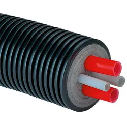 Fernwärmeleitung Kombirohr, 2 Heizungsrohre, 1 Warmwasserleitung, 1 Zirkulationsleitung (Ausführung: Ø200 mm. 2x40x3.7 - 40x5.5 - 25x3.5)