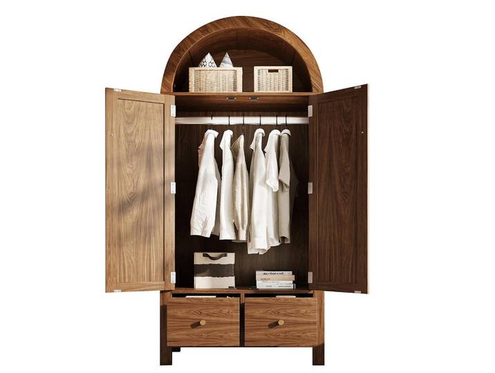Komhtom Kleiderschrank 181x78x45 cm mit Rattan-Flechten in Walnuss, Walnussfarben, Holz, Mode, 78x181x45 cm, Schlafzimmer, Kleiderschränke, Drehtürenschränke