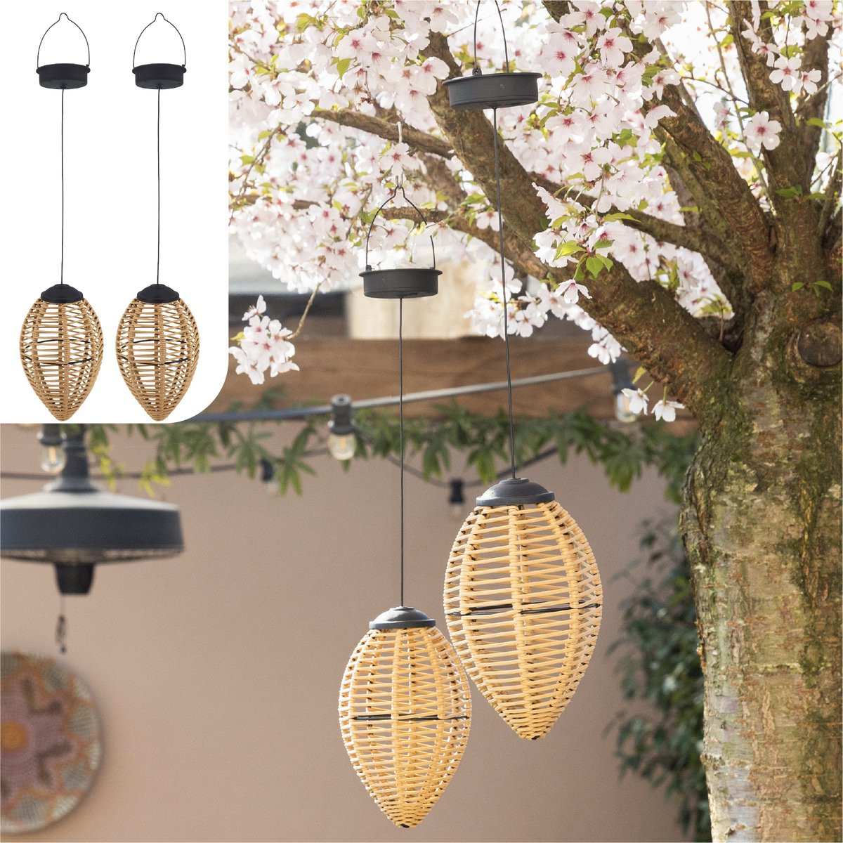 Gadgy Solar Hanglampen Set van 2 Rattan Look LED Tuinverlichting met Warm Licht