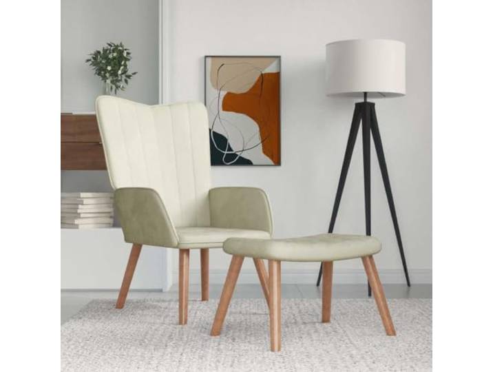Relaxsessel mit Hocker Cremeweiß Samt Schaumstoff-Polsterung,Stahlrahmen,Holzbeine,vertikale Nähte,110 kg pro Sitzplatz