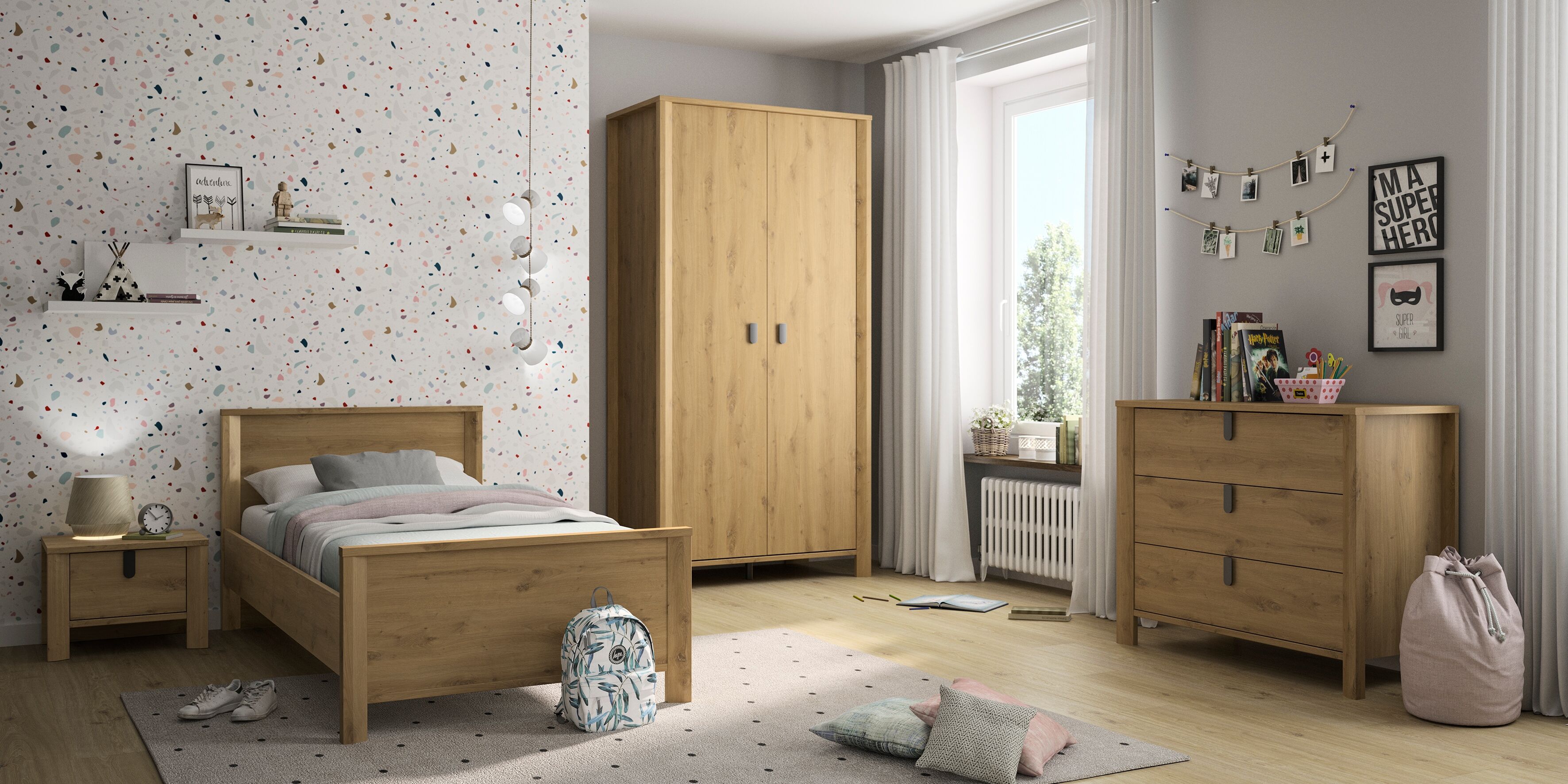 Schlafzimmer-Set GAMI, braun (eiche artisan), ohne Matratze, B/H: 90cm x 200cm, Holzwerkstoff, Schlafzimmermöbel-Sets