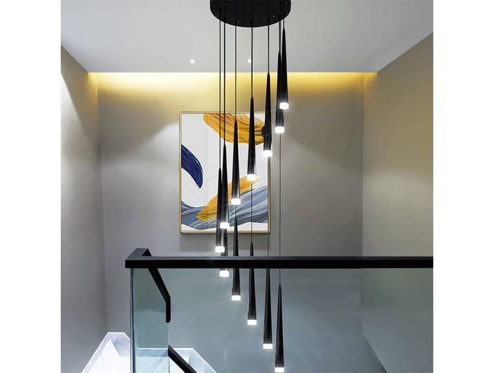 Lustre d'escalier moderne Duplex appartement bâtiment salon lampes suspendues nordique Restaurant Loft noir longues LED lampes suspendues