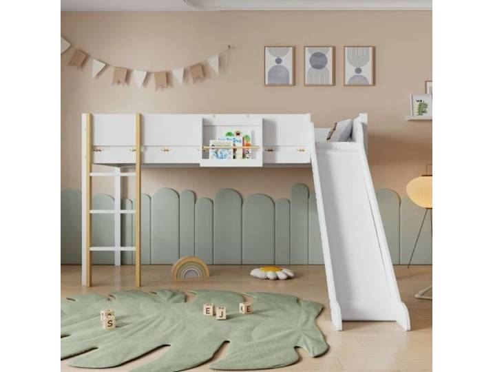 Lit mezzanine enfant 90x200 cm - Multifonction - Blanc - Toboggan