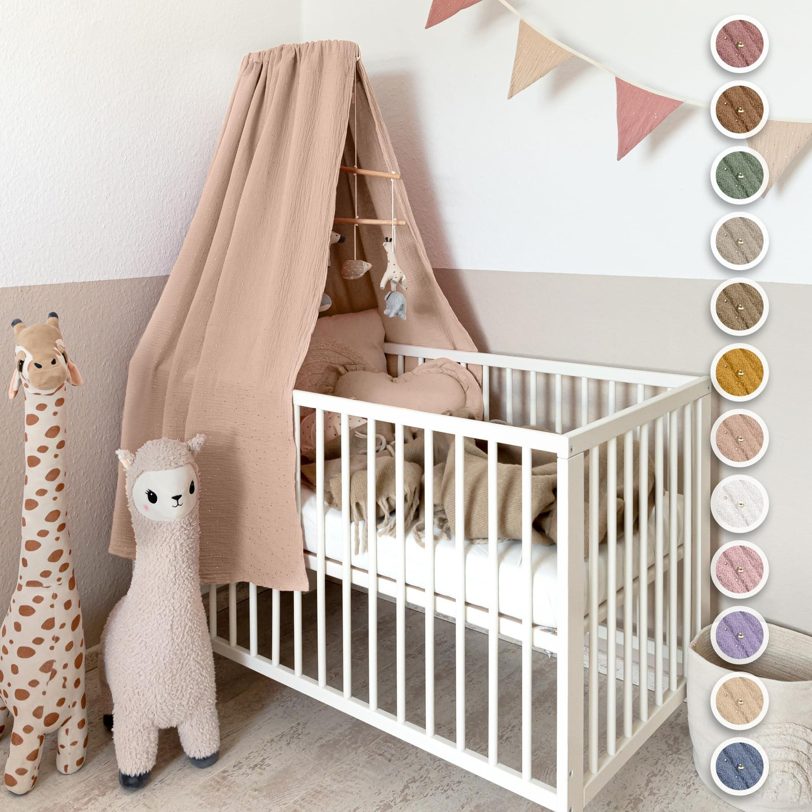 Slaapgordijn voor babybed van 100% katoenen mousseline met gouden applicaties