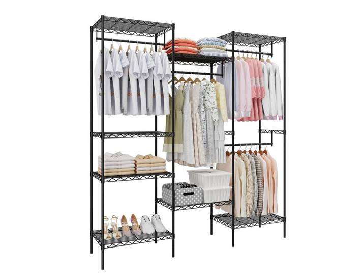 Portant vêtements robuste avec étagères penderie ouverte 4 tringles et 8 étagères rangement réglable chambre buanderie