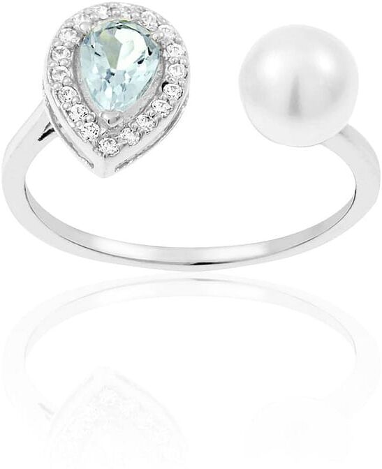 Bague Cleor En Or 375/1000 Blanc, Topaze Bleue Et Perle De Culture Femme