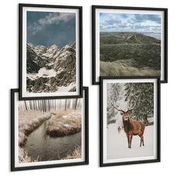 BILDER SET 4er Set - 50x50 cm & 40x60 cm Schwarzer Rahmen - Berge, Schnee, Hirsche, Waldlandschaft