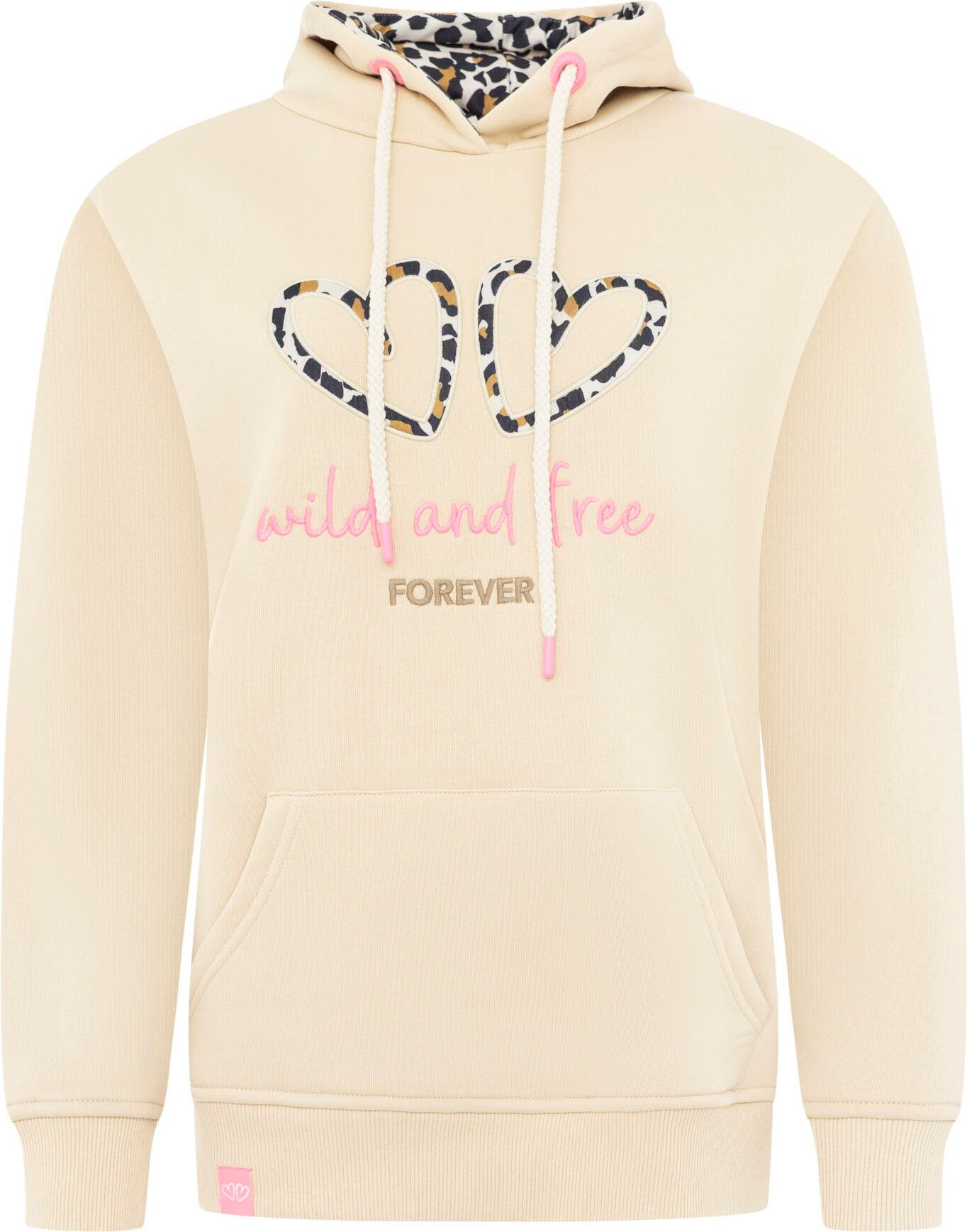 Hoodie ZWILLINGSHERZ "FOREVER wild", Damen, Gr. S/M, beige, Sweatware, Obermaterial: 50% Baumwolle, 50% Polyester, Sweatshirts Hoodie, zwei gestickte Herzmotive, Leo-Design, Kapuze, Kängurutasche beige S/M