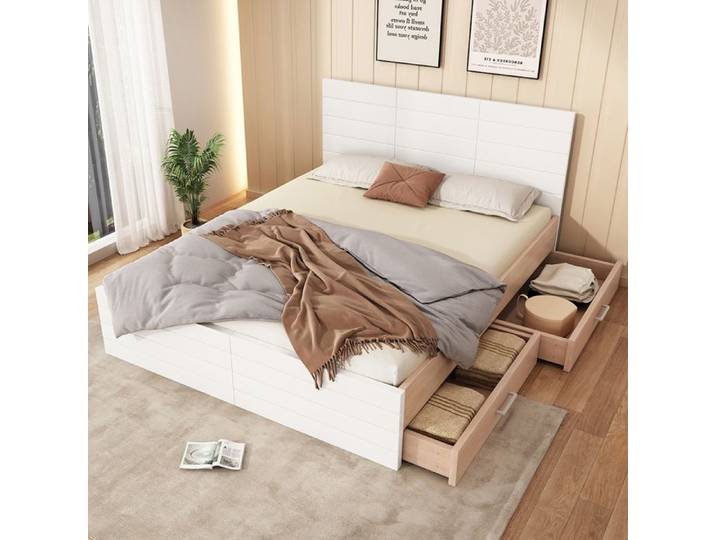 Lit adulte - YEHTOKHOME - Lit double 160x200 cm - 2 tiroirs - Sommier à lattes - Blanc & chêne clair