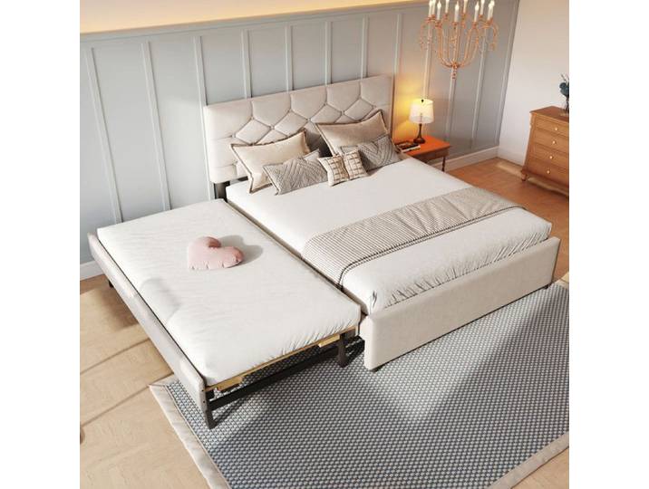 Lit gigogne - MODERNLUXE - 140x200 cm -Canapé-lit - Velours beige - Sommier à lattes