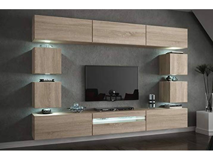 FURNITECH Wohnwand Wohnzimmer - LED Blau, Moderner Schrank mit Regalen und TV-Schrank