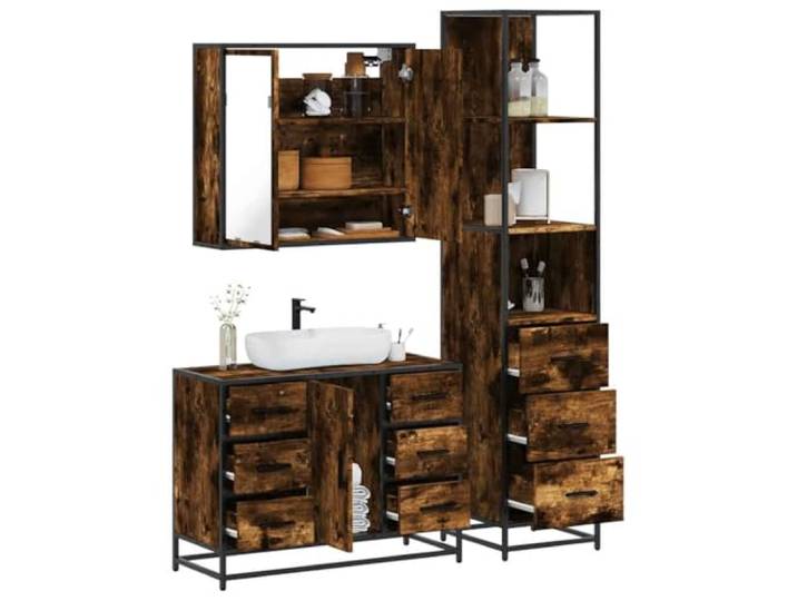ZQQLVOO 3-TLG. Badmöbel-Set Räuchereiche Holzwerkstoff Metallgestell, Lowboard, Waschbeckenunterschrank, Spiegelschrank, Wandmontage, Stauraum, kleinere Räume