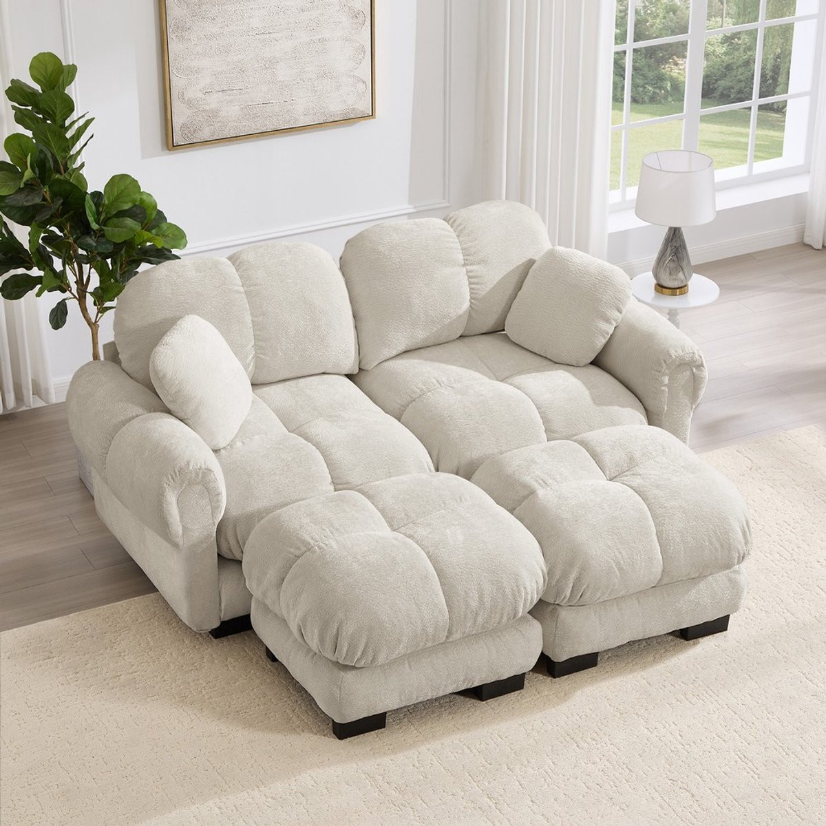KOMHTOM Modulaire U-vormige Hoekbank met Poef - Chenille Stof - Lichtbeige