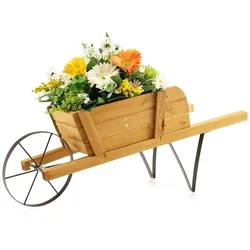 COSTWAY Blumenwagen, Pflanzkübel mit 9 magnetischen Zubehörteilen, 1 Eisenrad und 2 Griffen, Tragkraft 5 kg, naturfarben
