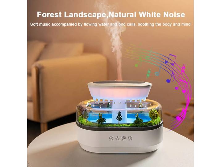 Humidificateur de micro-paysage, diffuseur d'arômes effet goutte de pluie, lumière d'ambiance colorée, musique bruit blanc, huile essentielle parfumée pour la maison