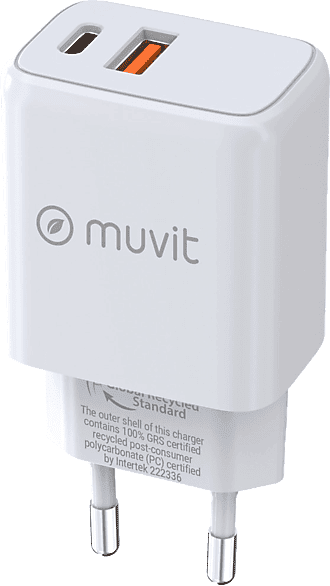 Cargador móvil - Muvit For Change MCACC0037, 1 USB QC 3.0 18W + Tipo C PD 25W, Universal , Blanco