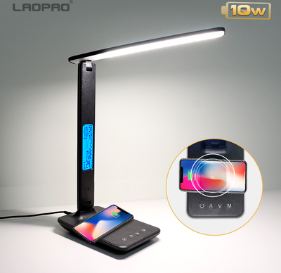 Combo Retail Shop Wireless Charging LED Desk Lamp, Calendar Temperature Display, Eye Protect Study Light, Alarm Clock Table Lamp black