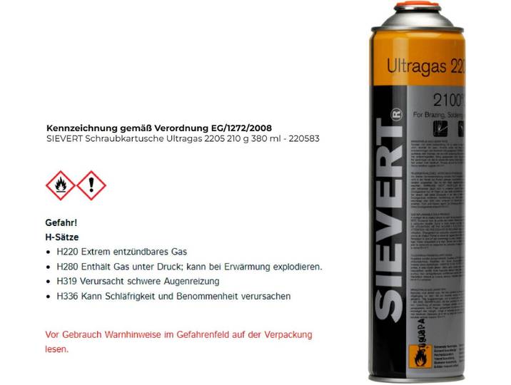 Sievert 220583 - Gaspatroon ultragas EU (7/16 ) 210G - 380 ml