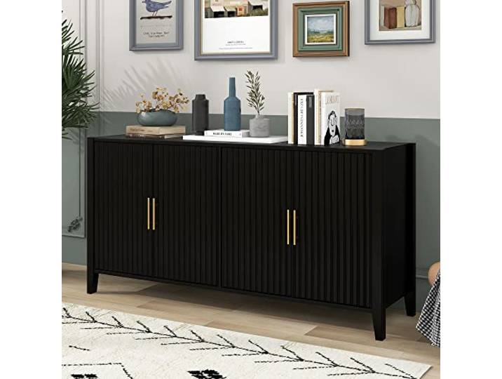 Holz-Akzent-Buffet-Sideboard-Aufbewahrungsschrank mit Glastürregal(Black-2)