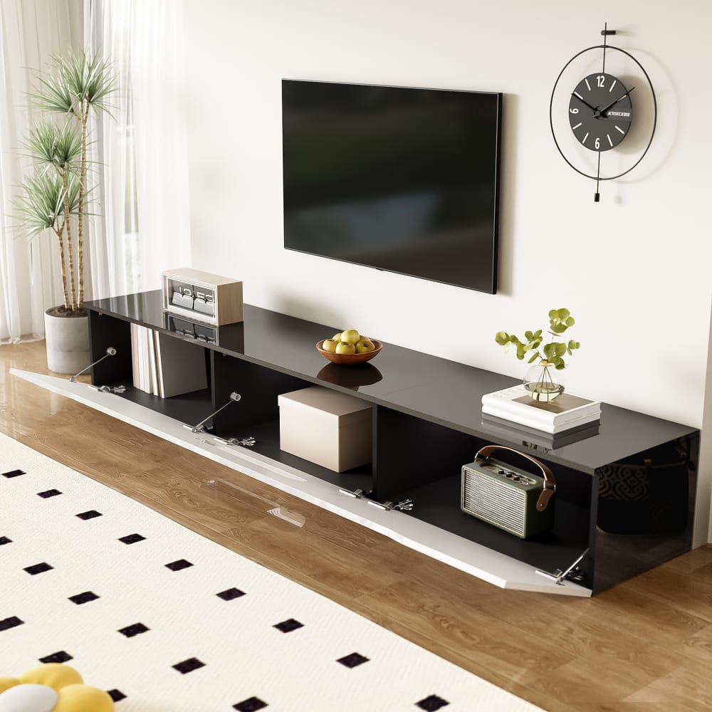 MODFU Mueble tv con led y bisagras amortiguadas, pared 180 cm, negro/blanco