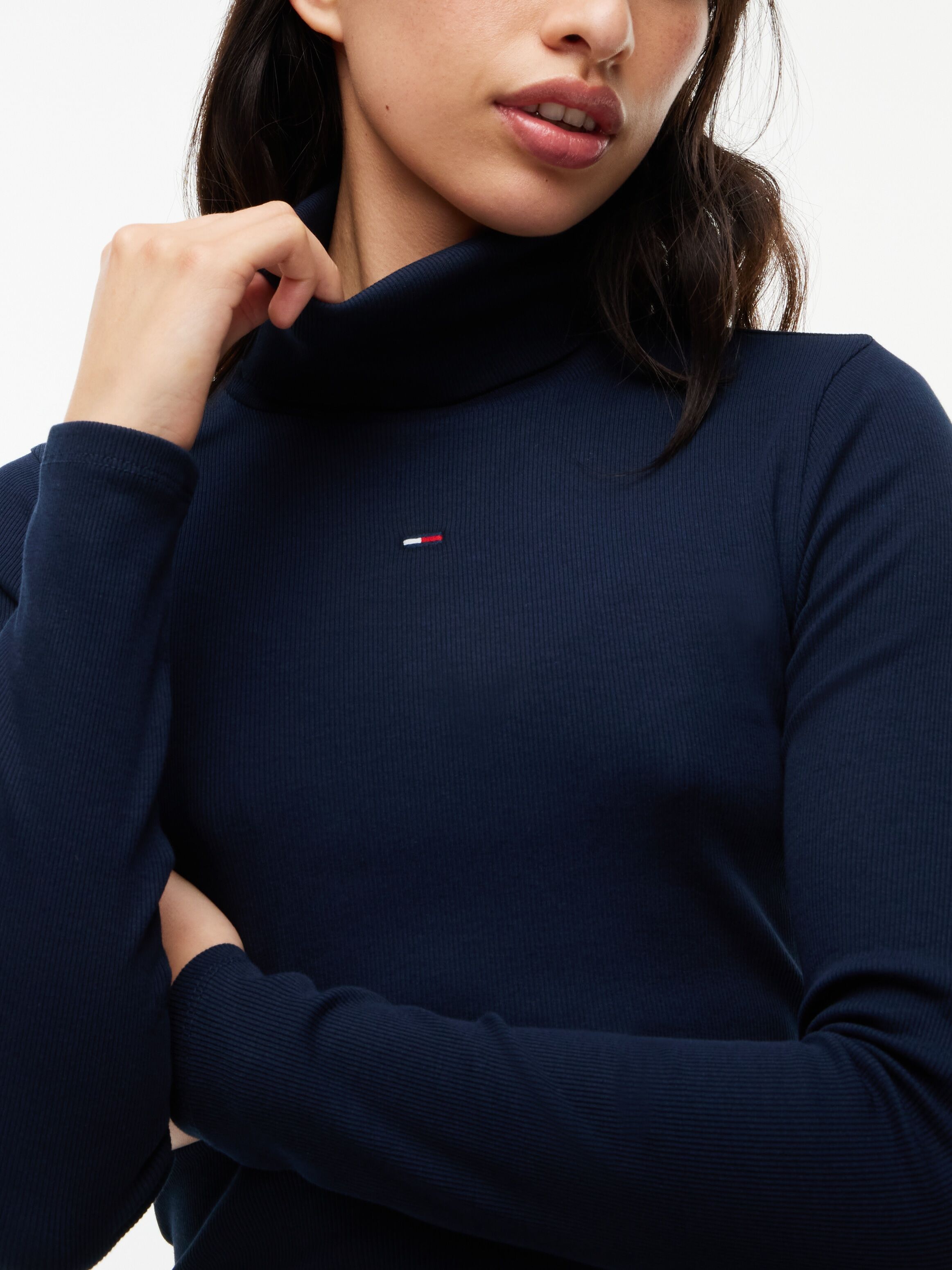 Jerseykleid TOMMY JEANS "TJW TURTLNCK BODYCON MIDI DRESS", Damen, Gr. XS (34), N-Gr, Langarm, Jersey, blau (dunkelblau), Jersey, Obermaterial: 95% Baumwolle, 5% Elasthan, unifarben, figurbetont wadenlang, Rundhals, gerader Abschluss, Kleider Jerseykleid, 