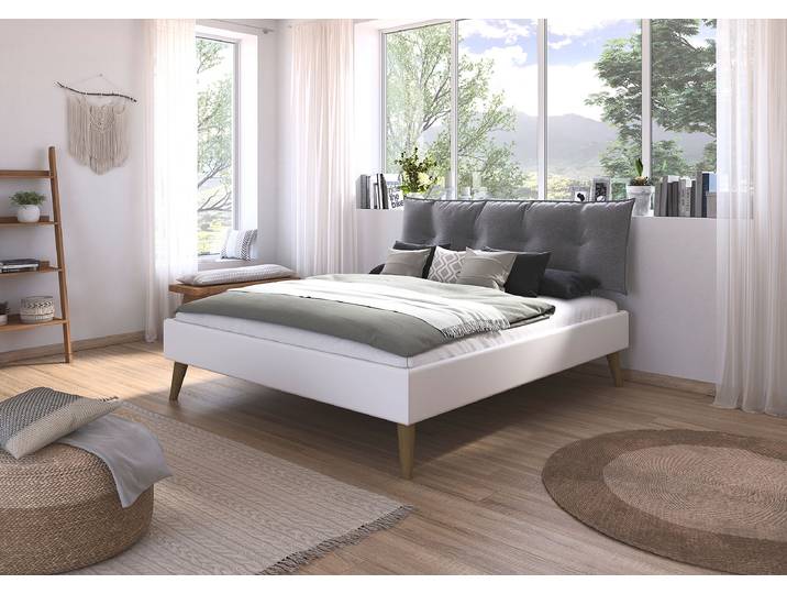 Bettgestell Mavi - Webstoff 180 x 200cm Webstoff Weiß/Alpinweiß Eiche