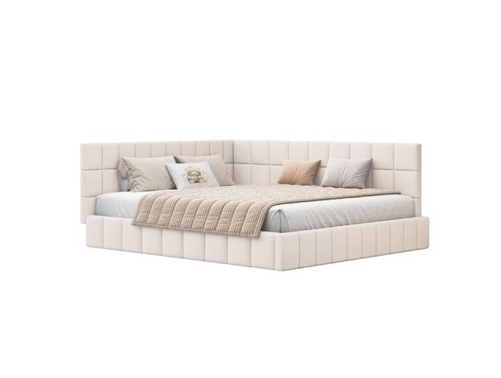 VLIVRA Lit Banquette 160×200 cm Lit Double - Dossier Réversible et Accoudoir - sans Matelas - en Velours Beige