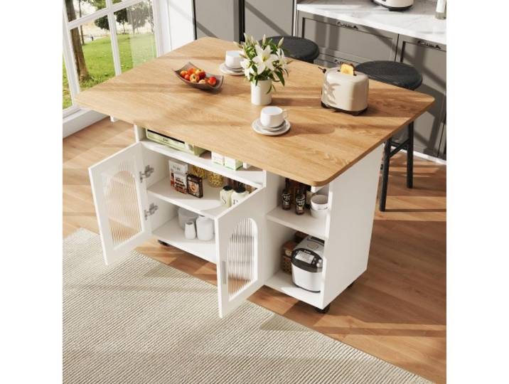 BBWL Buffet Kücheninsel modern mit klappbarem Esstisch, Küchenschrank MDF Glas, multifunktional mit Stauraum