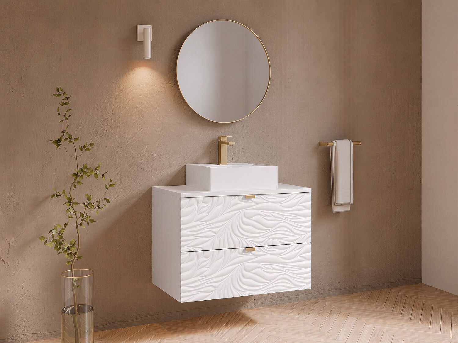 Unique Mueble de baño suspendido texturizado con lavabo cuadrado sobre encimera - Blanco - 80 cm - RINAREL
