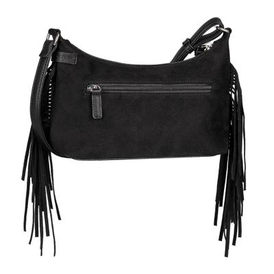 Umhängetasche TOM TAILOR DENIM "Deyanira", Damen, Gr. B/H/T: 25,5cm x 16cm x 7cm, schwarz, Polyester, Samtoptik, clean, gepflegt, Taschen Umhängetasche, Damen Schultertasche, Handtasche mit weich fallenden Fransen