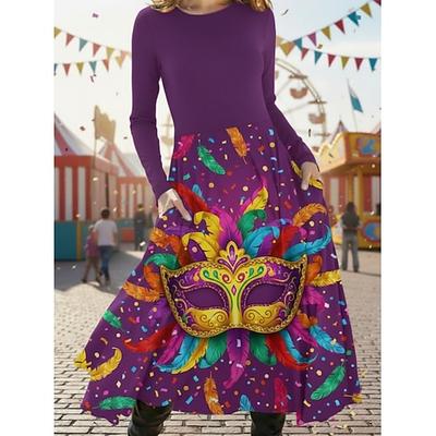 Damen Midikleid Freizeitkleid Schwingkleid Elegant Mode Täglich Outdoor Wochenende Normale Passform Grafik Langarm Rundhalsausschnitt Violett Purpur Fuchsie Lila Frühling Herbst Winter