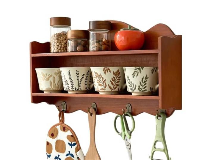 WUXTOKV Küchen Hängeschrank, Holz Küchenhängeschränke, Offene 2 Ebenen Badezimmerschrank Hängend, Metallbeschläge, Fünf Haken, Vintage Stil, Rostbeständig, Verschleißfest, 50x28x10cm(Brown)