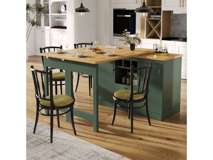 Table de bar extensible avec rangement îlot central cuisine table pivotante 360° porte-bouteilles MDF vert foncé