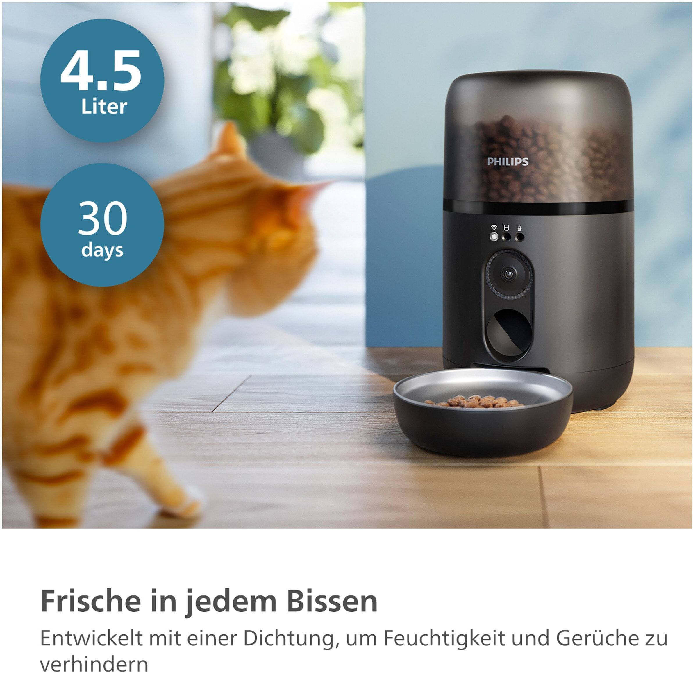 Futterautomat PHILIPS "PAW5320/02 Pet Series, mit Kamera, 4,5l, für Katzen und kleine Hunde", grau (dunkelgrau), B:21cm H:36cm T:36cm, Futterautomaten, Futterautomat, Nachfüll-Benachrichtigung, Anti-Verstopf-Technologie u. App-Anbindung dunkelgrau Einheit