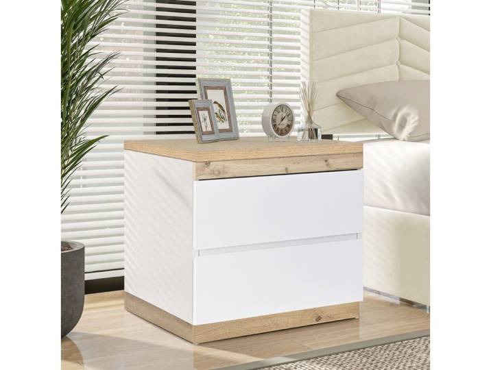 VUENOR Table de chevet 55 x 40 x 55 cm blanc et décor chêne avec 2 tiroirs