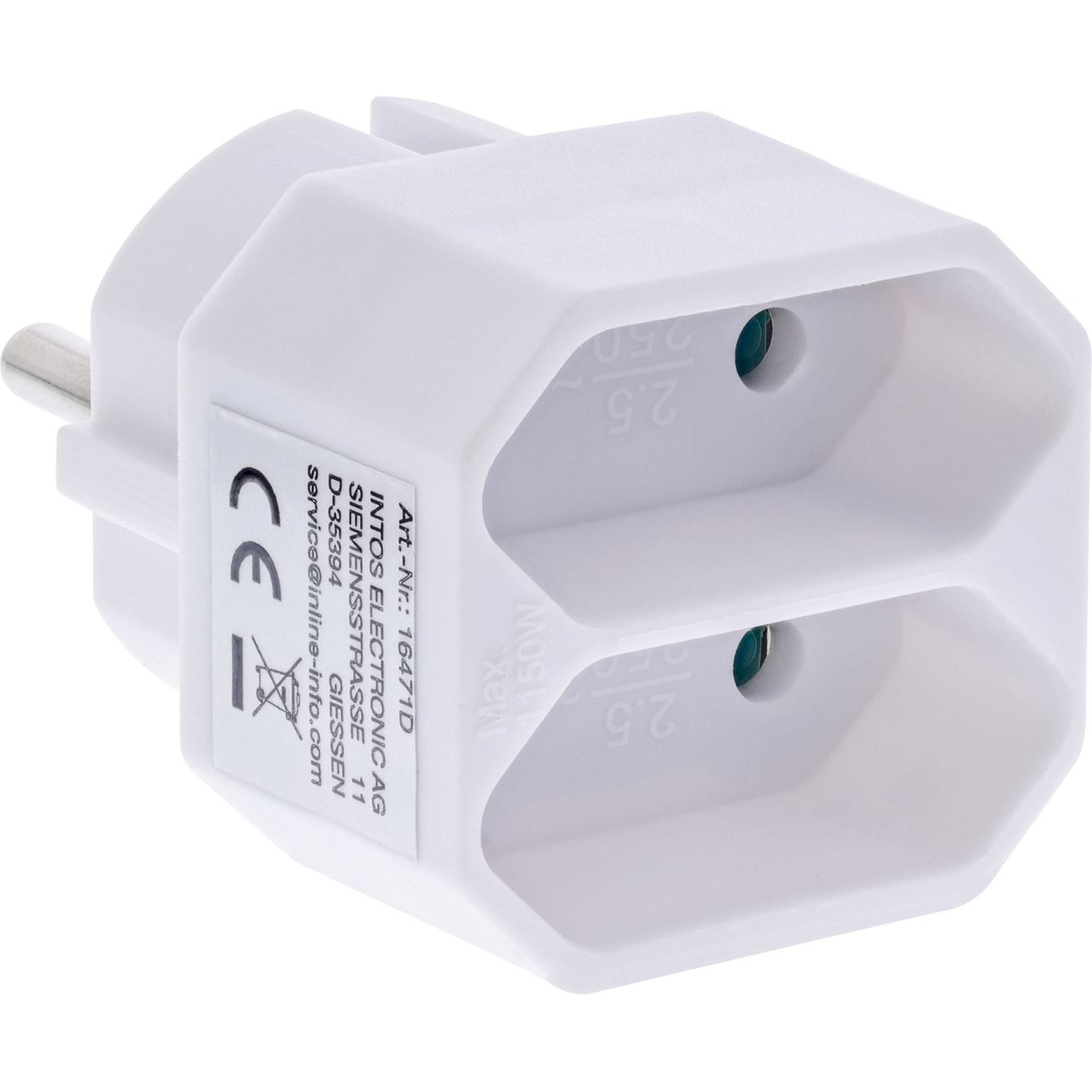 0.00m InLine Steckdosenadapter Schutzkontakt Weiß 2 (16471D)