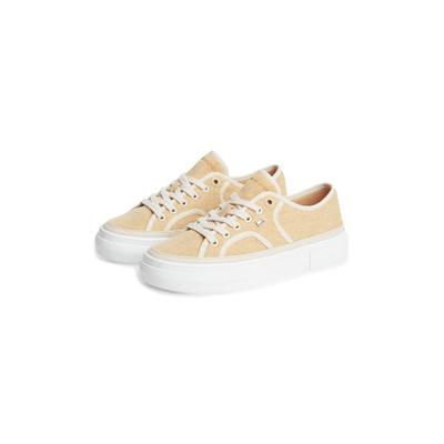 Plateausneaker TOMMY HILFIGER "PLATFORM VULC SNEAKER PIPING", Damen, Gr. 36, Textil, beige, Baumwolle, Lederimitat, Schuhe Plateausneaker, Freizeitschuh, Halbschuh, Schnürschuh mit Kontrast-Paspellierung